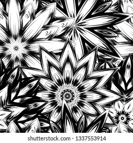 Seamless floral background. Tracery handmade nature ethnic fabric backdrop pattern with saturated dark flowers. Textile design texture. Decorative binary monochrome black and white art. Vector