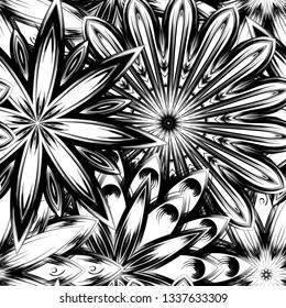Seamless floral background. Tracery handmade nature ethnic fabric backdrop pattern with saturated dark flowers. Textile design texture. Decorative binary monochrome black and white art. Vector