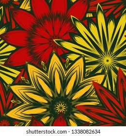 Seamless floral background. Tracery handmade nature ethnic fabric backdrop pattern with flowers. Textile design texture. Decorative color art. Vector