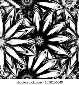Seamless floral background. Tracery handmade nature ethnic fabric backdrop pattern with saturated dark flowers. Textile design texture. Decorative binary monochrome black and white art. Vector