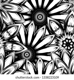 Seamless floral background. Tracery handmade nature ethnic fabric backdrop pattern with saturated dark flowers. Textile design texture. Decorative binary monochrome black and white art. Vector