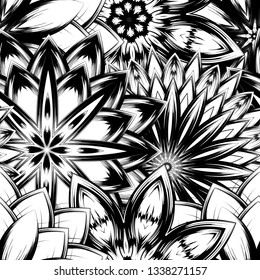 Seamless floral background. Tracery handmade nature ethnic fabric backdrop pattern with saturated dark flowers. Textile design texture. Decorative binary monochrome black and white art. Vector