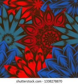 Seamless floral background. Tracery handmade nature ethnic fabric backdrop pattern with flowers. Textile design texture. Decorative color art. Vector