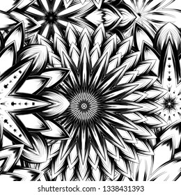 Seamless floral background. Tracery handmade nature ethnic fabric backdrop pattern with saturated dark flowers. Textile design texture. Decorative binary monochrome black and white art. Vector