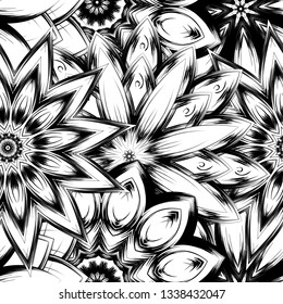 Seamless floral background. Tracery handmade nature ethnic fabric backdrop pattern with saturated dark flowers. Textile design texture. Decorative binary monochrome black and white art. Vector