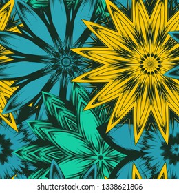 Seamless floral background. Tracery handmade nature ethnic fabric backdrop pattern with flowers. Textile design texture. Decorative color art. Vector