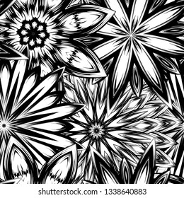 Seamless floral background. Tracery handmade nature ethnic fabric backdrop pattern with saturated dark flowers. Textile design texture. Decorative binary monochrome black and white art. Vector