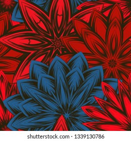Seamless floral background. Tracery handmade nature ethnic fabric backdrop pattern with flowers. Textile design texture. Decorative color art. Vector