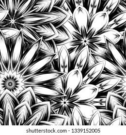 Seamless floral background. Tracery handmade nature ethnic fabric backdrop pattern with saturated dark flowers. Textile design texture. Decorative binary monochrome black and white art. Vector