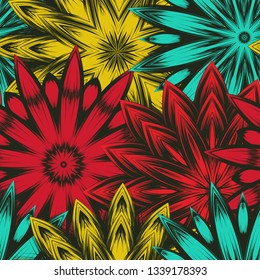 Seamless floral background. Tracery handmade nature ethnic fabric backdrop pattern with flowers. Textile design texture. Decorative color art. Vector