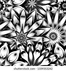 Seamless floral background. Tracery handmade nature ethnic fabric backdrop pattern with saturated dark flowers. Textile design texture. Decorative binary monochrome black and white art. Vector