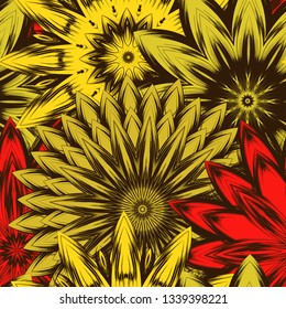 Seamless floral background. Tracery handmade nature ethnic fabric backdrop pattern with flowers. Textile design texture. Decorative color art. Vector