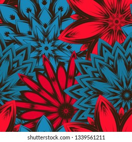 Seamless floral background. Tracery handmade nature ethnic fabric backdrop pattern with flowers. Textile design texture. Decorative color art. Vector