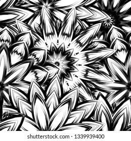 Seamless floral background. Tracery handmade nature ethnic fabric backdrop pattern with saturated dark flowers. Textile design texture. Decorative binary monochrome black and white art. Vector