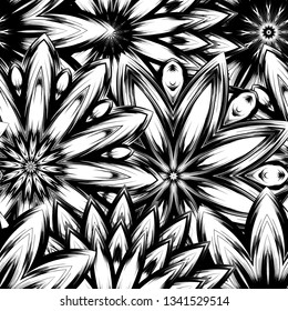 Seamless floral background. Tracery handmade nature ethnic fabric backdrop pattern with saturated dark flowers. Textile design texture. Decorative binary monochrome black and white art. Vector