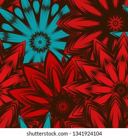 Seamless floral background. Tracery handmade nature ethnic fabric backdrop pattern with flowers. Textile design texture. Decorative color art. Vector