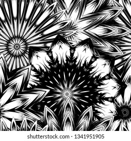 Seamless floral background. Tracery handmade nature ethnic fabric backdrop pattern with saturated dark flowers. Textile design texture. Decorative binary monochrome black and white art. Vector