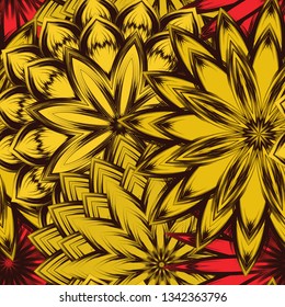 Seamless floral background. Tracery handmade nature ethnic fabric backdrop pattern with flowers. Textile design texture. Decorative color art. Vector