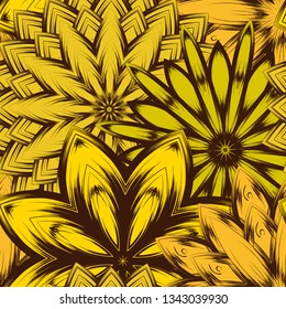 Seamless floral background. Tracery handmade nature ethnic fabric backdrop pattern with flowers. Textile design texture. Decorative color art. Vector