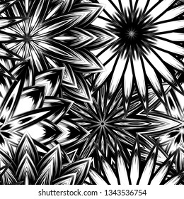 Seamless floral background. Tracery handmade nature ethnic fabric backdrop pattern with saturated dark flowers. Textile design texture. Decorative binary monochrome black and white art. Vector