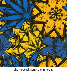Seamless floral background. Tracery handmade nature ethnic fabric backdrop pattern with flowers. Textile design texture. Decorative color art. Vector