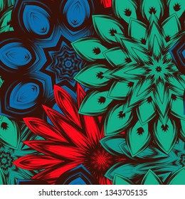 Seamless floral background. Tracery handmade nature ethnic fabric backdrop pattern with flowers. Textile design texture. Decorative color art. Vector