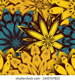 Seamless floral background. Tracery handmade nature ethnic fabric backdrop pattern with flowers. Textile design texture. Decorative color art. Vector
