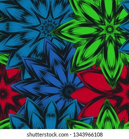 Seamless floral background. Tracery handmade nature ethnic fabric backdrop pattern with flowers. Textile design texture. Decorative color art. Vector
