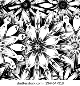 Seamless floral background. Tracery handmade nature ethnic fabric backdrop pattern with saturated dark flowers. Textile design texture. Decorative binary monochrome black and white art. Vector