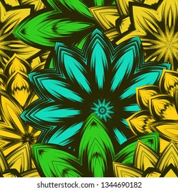 Seamless floral background. Tracery handmade nature ethnic fabric backdrop pattern with flowers. Textile design texture. Decorative color art. Vector
