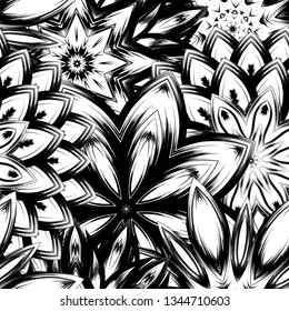 Seamless floral background. Tracery handmade nature ethnic fabric backdrop pattern with saturated dark flowers. Textile design texture. Decorative binary monochrome black and white art. Vector