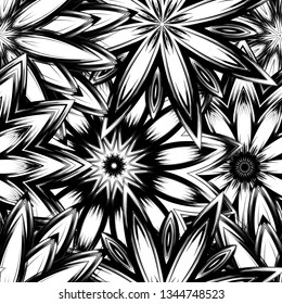 Seamless floral background. Tracery handmade nature ethnic fabric backdrop pattern with saturated dark flowers. Textile design texture. Decorative binary monochrome black and white art. Vector