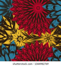 Seamless floral background. Tracery handmade nature ethnic fabric backdrop pattern with flowers. Textile design texture. Decorative color art. Vector