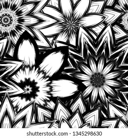 Seamless floral background. Tracery handmade nature ethnic fabric backdrop pattern with saturated dark flowers. Textile design texture. Decorative binary monochrome black and white art. Vector