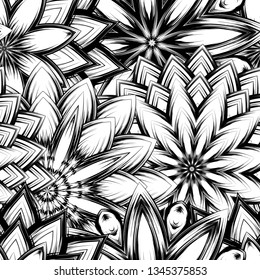Seamless floral background. Tracery handmade nature ethnic fabric backdrop pattern with saturated dark flowers. Textile design texture. Decorative binary monochrome black and white art. Vector
