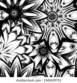 Seamless floral background. Tracery handmade nature ethnic fabric backdrop pattern with saturated dark flowers. Textile design texture. Decorative binary monochrome black and white art. Vector