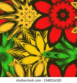 Seamless floral background. Tracery handmade nature ethnic fabric backdrop pattern with flowers. Textile design texture. Decorative color art. Vector