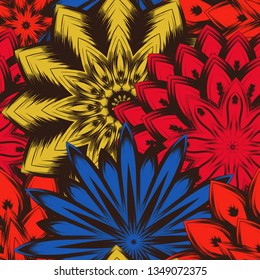 Seamless floral background. Tracery handmade nature ethnic fabric backdrop pattern with flowers. Textile design texture. Decorative color art. Vector