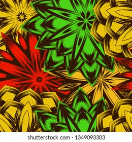 Seamless floral background. Tracery handmade nature ethnic fabric backdrop pattern with flowers. Textile design texture. Decorative color art. Vector