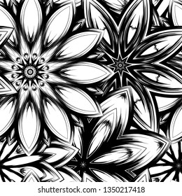 Seamless floral background. Tracery handmade nature ethnic fabric backdrop pattern with saturated dark flowers. Textile design texture. Decorative binary monochrome black and white art. Vector