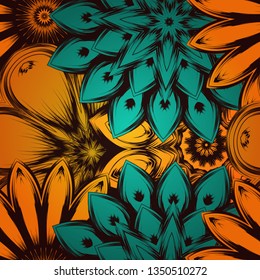 Seamless floral background. Tracery handmade nature ethnic fabric backdrop pattern with flowers. Textile design texture. Decorative color art. Vector