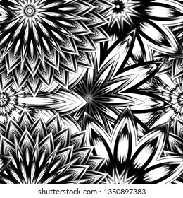 Seamless floral background. Tracery handmade nature ethnic fabric backdrop pattern with saturated dark flowers. Textile design texture. Decorative binary monochrome black and white art. Vector