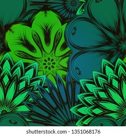 Seamless floral background. Tracery handmade nature ethnic fabric backdrop pattern with flowers. Textile design texture. Decorative color art. Vector