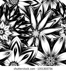 Seamless floral background. Tracery handmade nature ethnic fabric backdrop pattern with saturated dark flowers. Textile design texture. Decorative binary monochrome black and white art. Vector