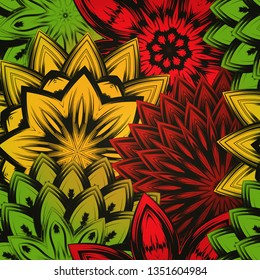 Seamless floral background. Tracery handmade nature ethnic fabric backdrop pattern with flowers. Textile design texture. Decorative color art. Vector