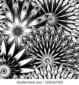 Seamless floral background. Tracery handmade nature ethnic fabric backdrop pattern with saturated dark flowers. Textile design texture. Decorative binary monochrome black and white art. Vector