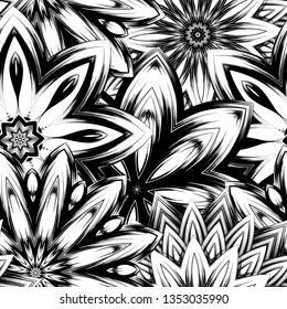 Seamless floral background. Tracery handmade nature ethnic fabric backdrop pattern with saturated dark flowers. Textile design texture. Decorative binary monochrome black and white art. Vector