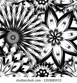 Seamless floral background. Tracery handmade nature ethnic fabric backdrop pattern with saturated dark flowers. Textile design texture. Decorative binary monochrome black and white art. Vector