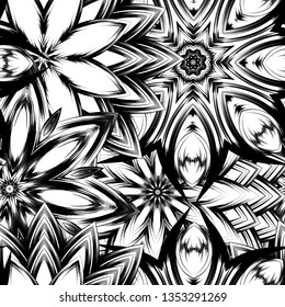 Seamless floral background. Tracery handmade nature ethnic fabric backdrop pattern with saturated dark flowers. Textile design texture. Decorative binary monochrome black and white art. Vector