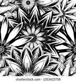 Seamless floral background. Tracery handmade nature ethnic fabric backdrop pattern with saturated dark flowers. Textile design texture. Decorative binary monochrome black and white art. Vector